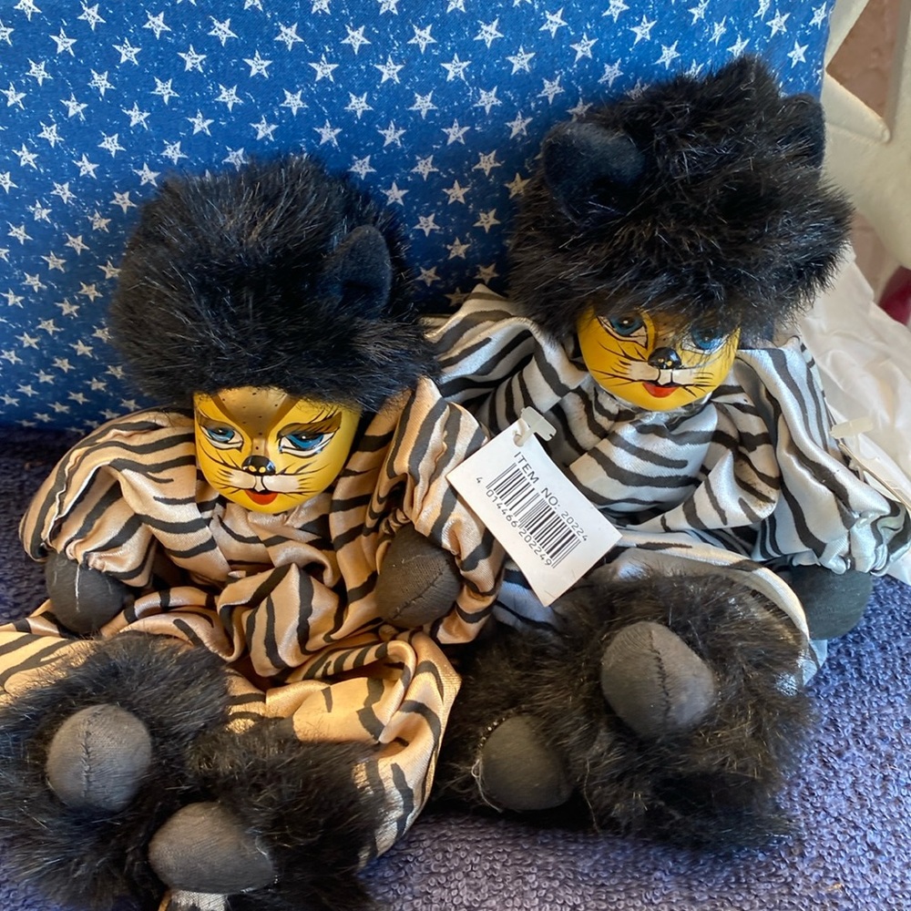 Set of two vintage tiger clown cat dolls
